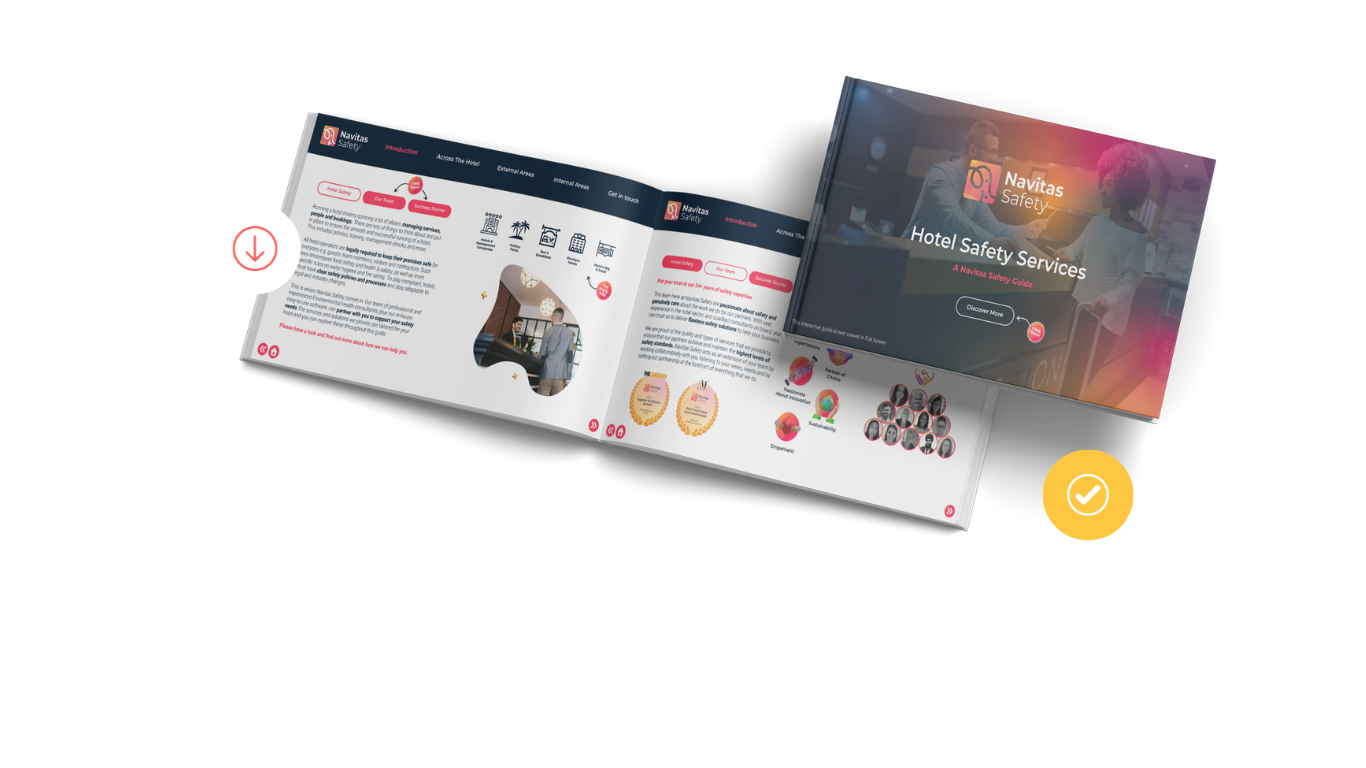 An image of our Interactive Hotel Safety Brochure, with a double page spread on show and the front cover.