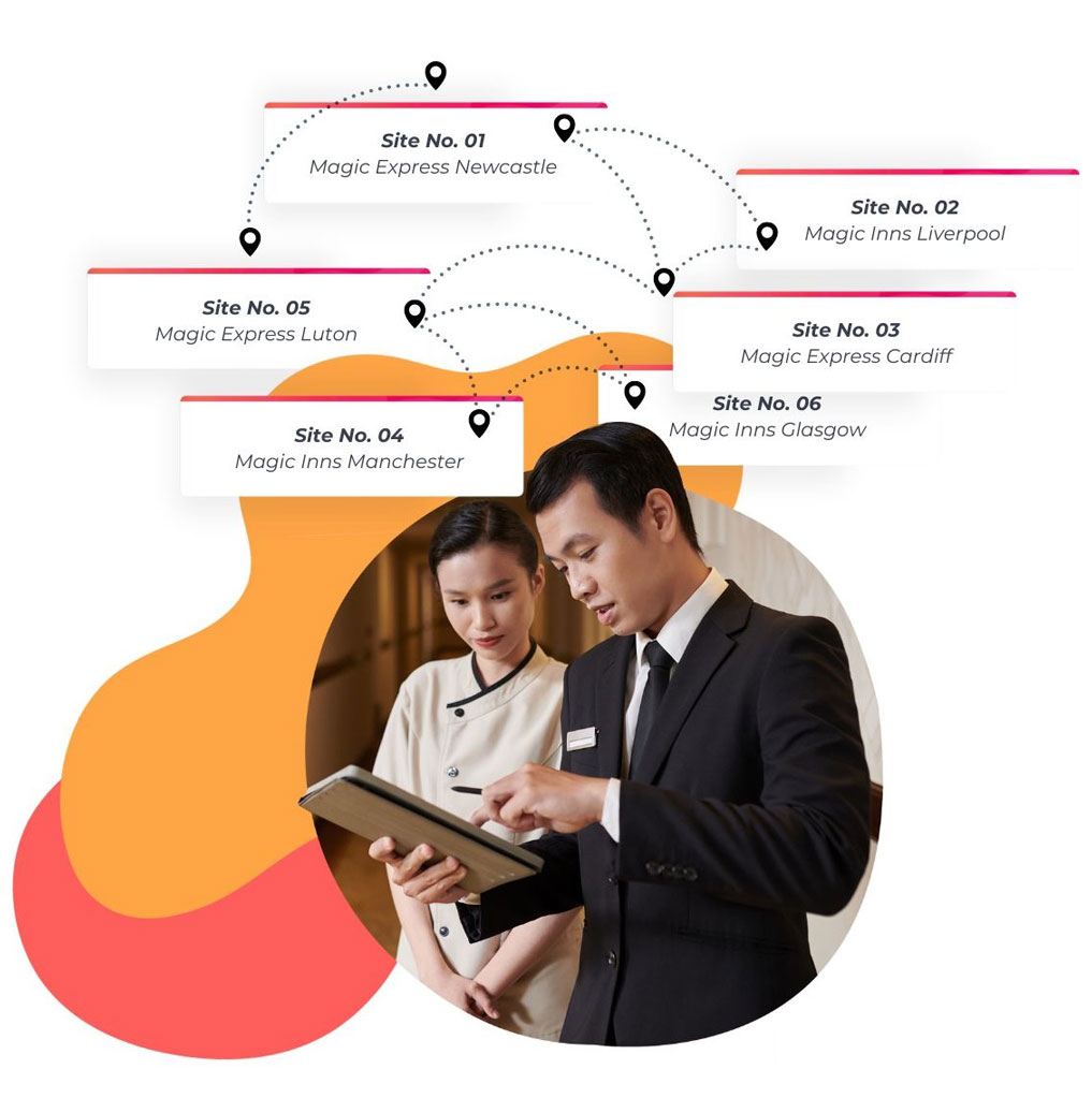 A hotel manager and member of staff look at our workplace safety solutions on a tablet