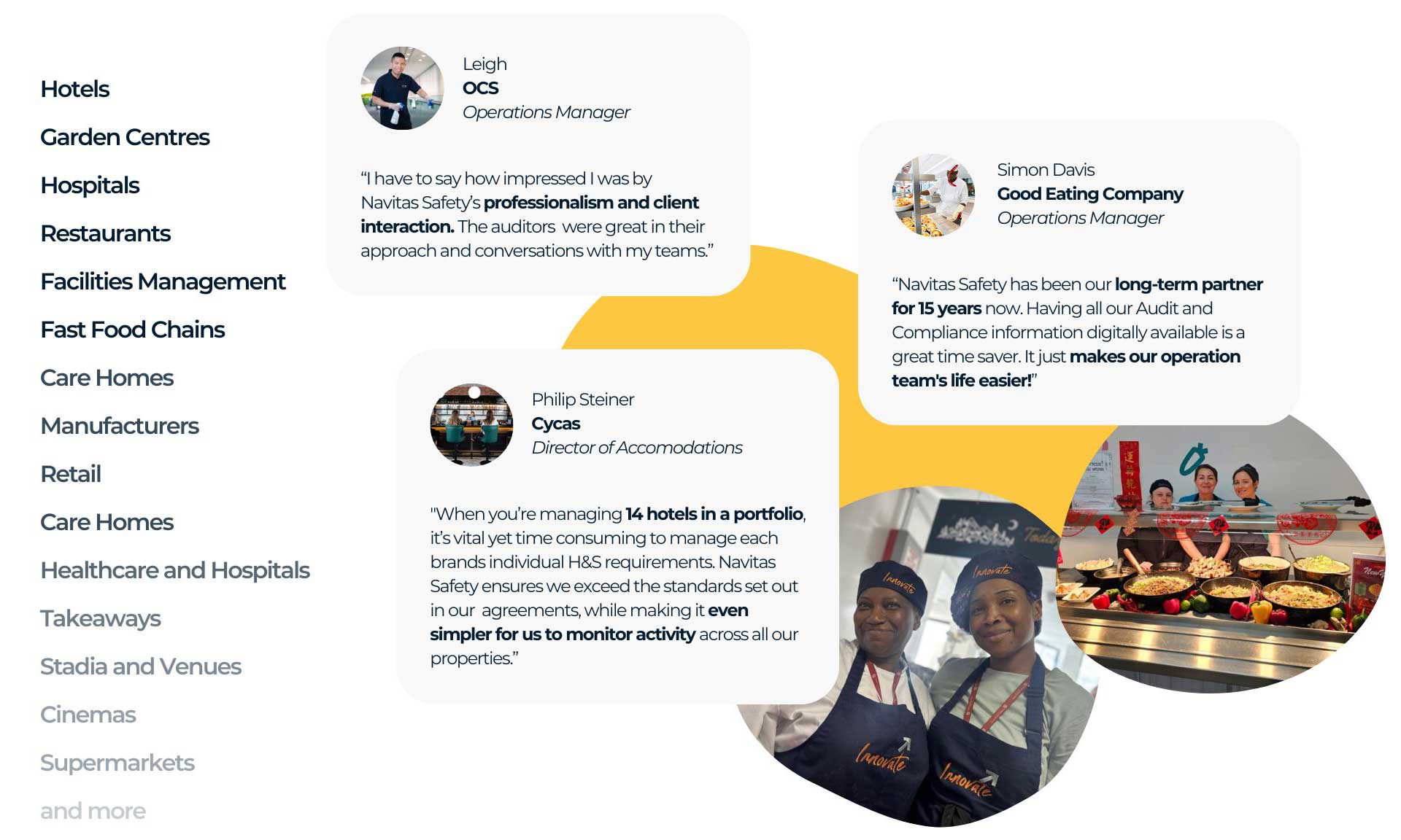 3 customer quotes from OCS, Cycas and Good Eating Company with some imagery of their staff