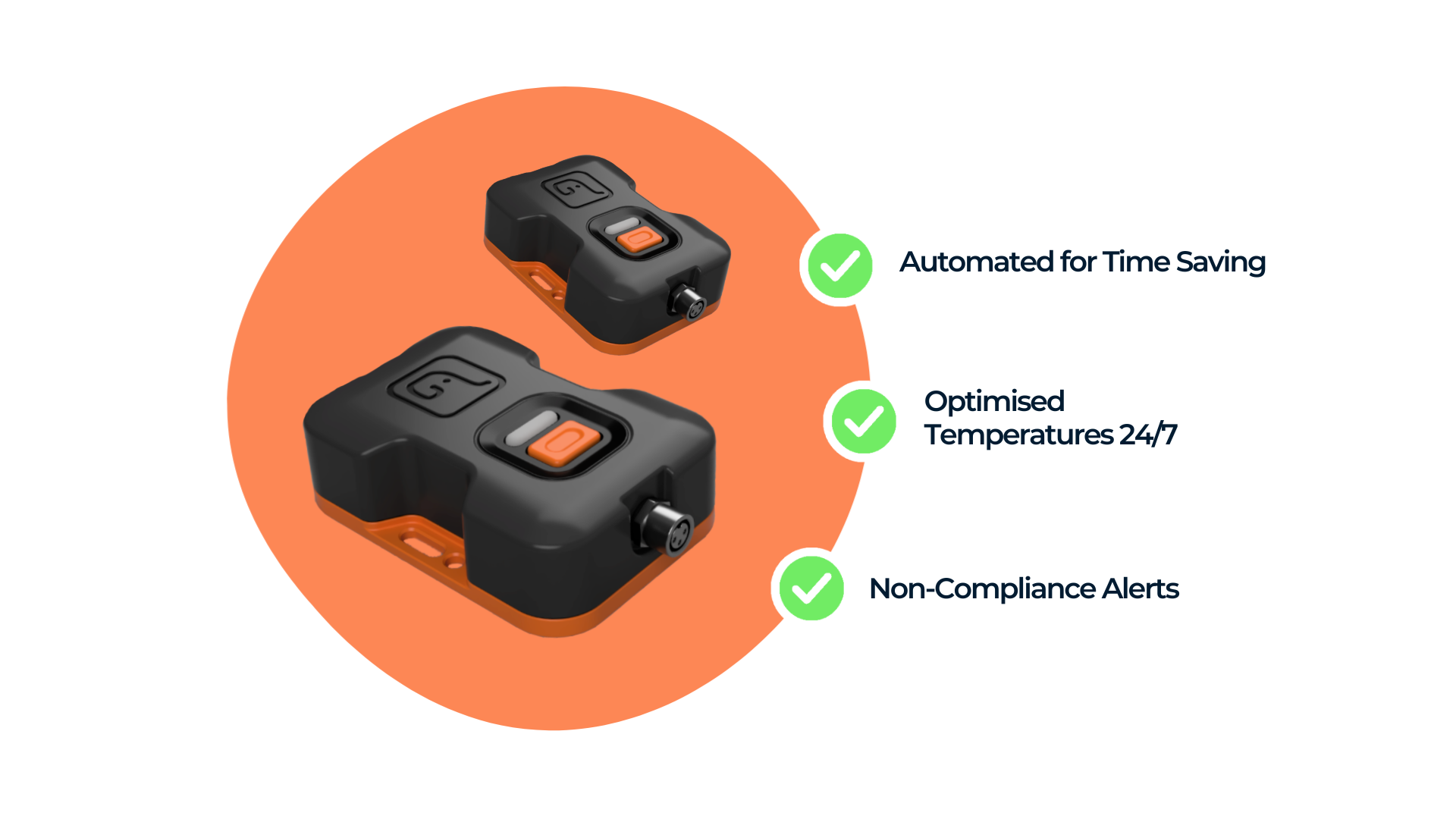 2 of our temperature monitoring devices on an orange background with 3 bullet points: Automated for time saving, Optimised temperatures 24/7, Non-Compliance alerts